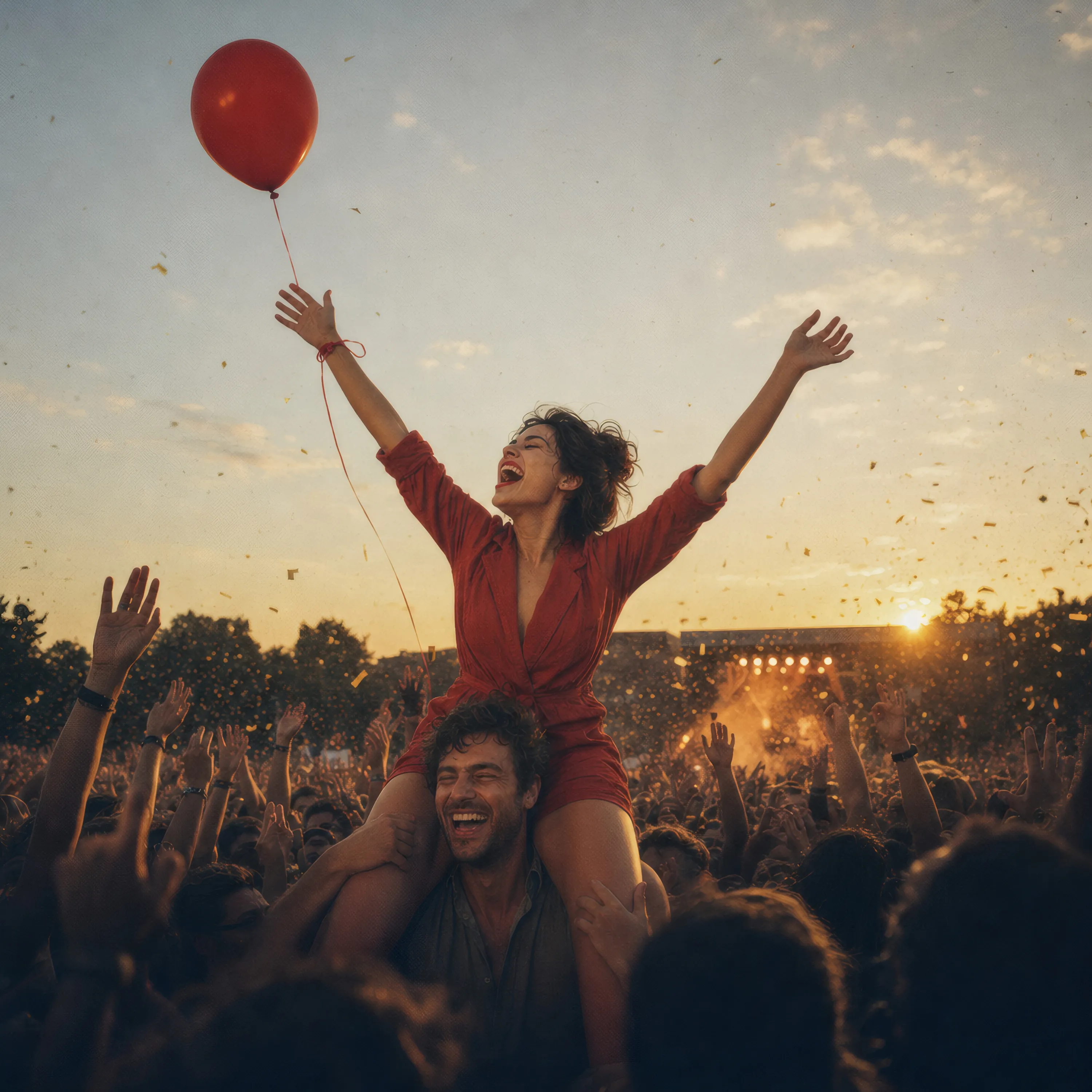 Albumcover Lauter: Isa sitzt beim Open Air auf Theos Schultern über der Menge, singt mit erhobenen Armen, an ihrem Handgelenk ein roter Heliumballon, Konfetti im Abendlicht