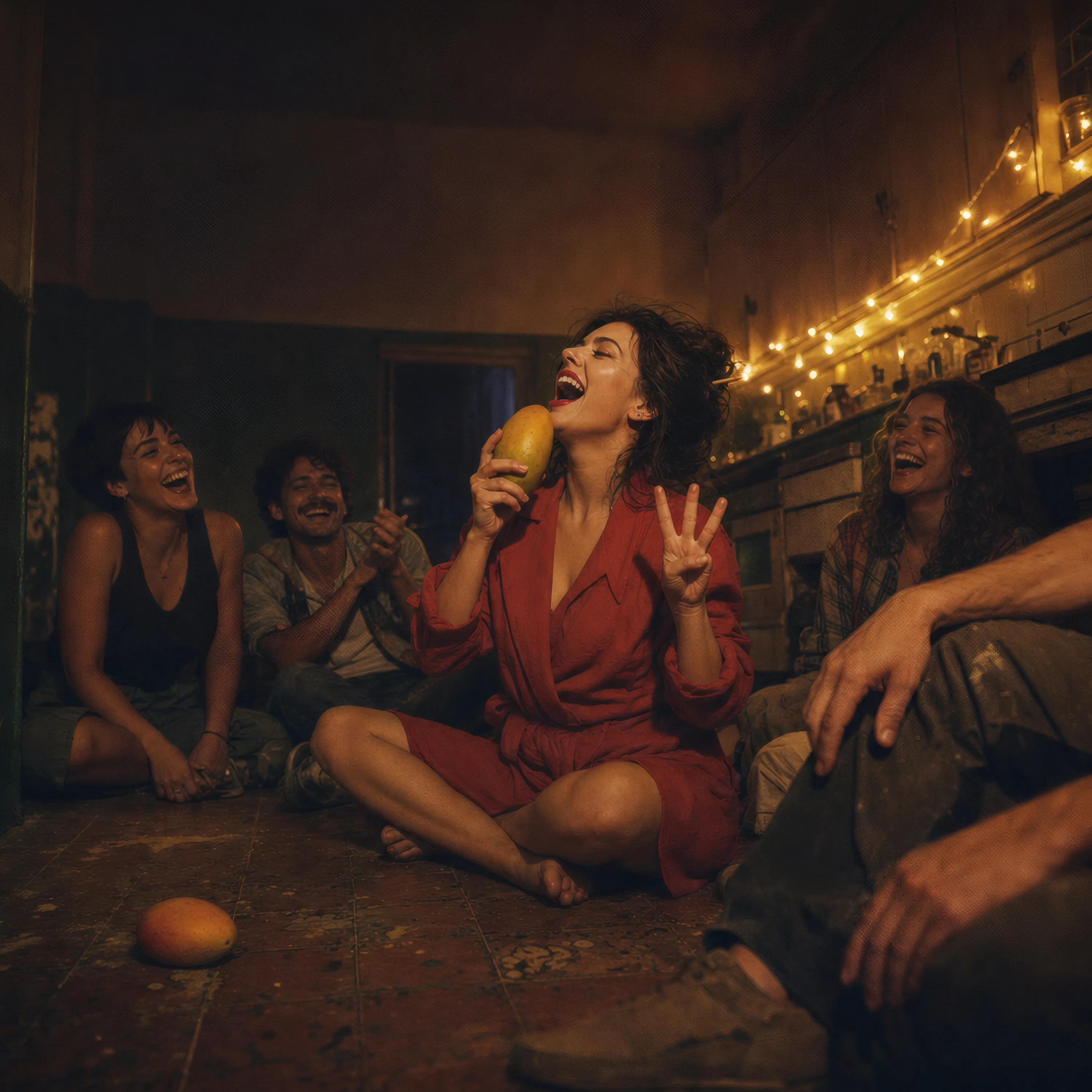 Cover der Single Zungenbrecher: Isa sitzt nachts lachend mit der Clique auf dem Küchenboden und rappt in eine Mango wie in ein Mikrofon